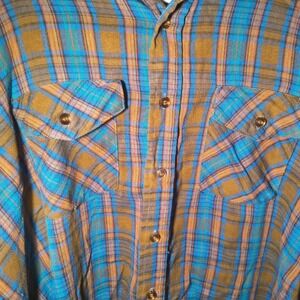 Vintage 70s Montgomery Ward Flannel Shirt Mens XL Blue Orange Plaid Button Down